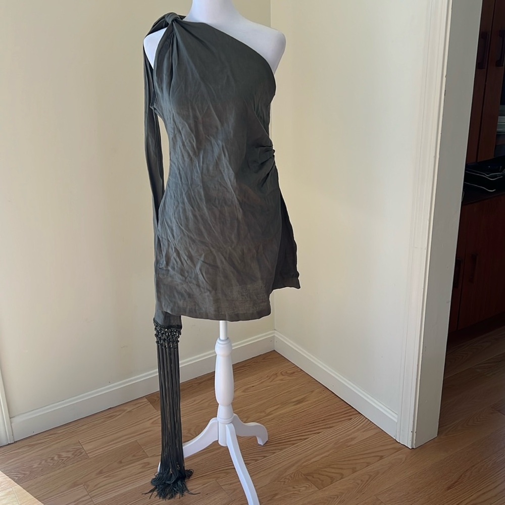 New! Zara medium olive one shoulder knotted linen mini dress.